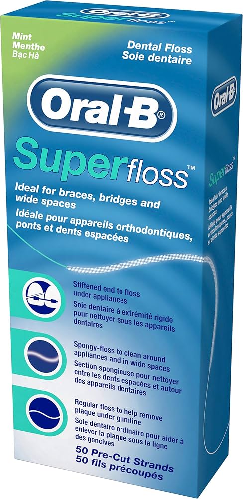 Oral-B Super Dental Floss me fije të prera paraprakisht, ideale për aparate ortodontike, ura dhe hapësira të gjera, 50 copë.